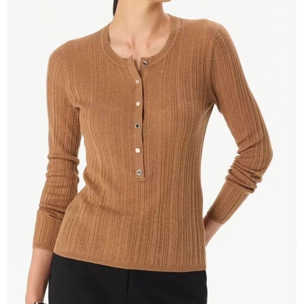 White House Black Market Wool Blend Ribbed Henley Sweater Heather Soft Camel - S